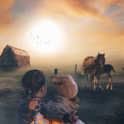 photoremix photoediting foggymorning sunrise childhood farmlife childwonder motherandfoal horselove freetoedit