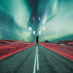 road outdoors countryroad adventure northernlights sky surreal imagination picsarteffects fantasy silhouette magical freetoedit