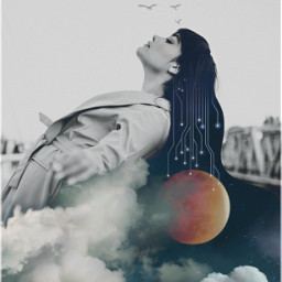 freetoedit colorsplash woman dream dreamscape cloudsmoonsandstars moon fantasy space surreal edited myedit madewithpicsart
