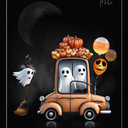 freetoedit ghosts pumpkins halloween happyhalloween trickortreat halloweenaesthetic halloweenedit car drive sky moon pics picsarteffects picsartedit picoftheday artwork