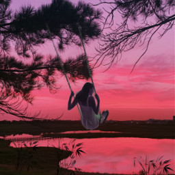 freetoedit sunlight sunset nature landscape magical fantasy silhouette swing trees girl replay pink sky atardecer rosa lake gaby298