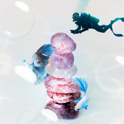 underwater surrealistic stones fish bubbles diver madewithpicsart pinkandblue preciousstones freetoedit