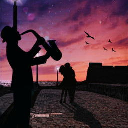 mastershoutout photoremix photoediting replay evening dusk boardwalk lovers silhouettes musician freetoedit