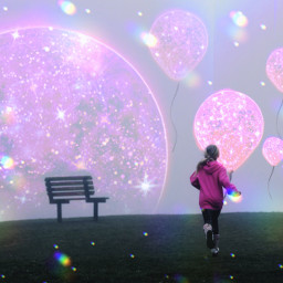 surrealism imagination happy child balloon pink aesthetic landscape running girl image edit planets planet stars sky fog grass purple red blue cool color colour freetoedit