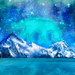 fantasy galaxy dog mountains teal blue green water lake landscape fairytale scenery magical mythical freetoedit