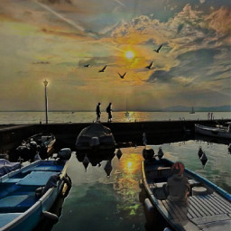 myedit landscape sunset lake clouds sun lamp birds boats person reflections doubleexposure imagination freetoedit