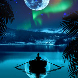 freetoedit fantasy night backround borealis auroraboreal noche boat sea moon blue fantasia barca reflection reflejo luna myedit gaby298