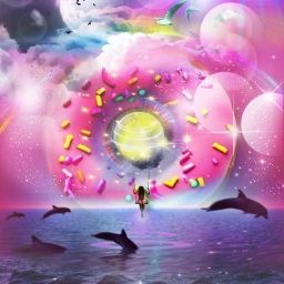 water sea dolphins clouds stars pink seagulls birds girl moon swing light blue freetoedit ecdonutsgalore donutsgalore