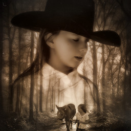 freetoedit replayed doubleexposure forest grunge dust sunset aesthetic picsart cowgirl horse
