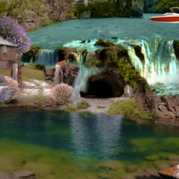 outside waterfall house cave boat speedboat lake bushes landscape landscaping mountain mountains remixit freetoedit freetouse freestickers