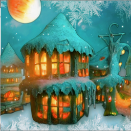 storybook house winter moonlight night snow snowflakes frozen fairytale freetoedit