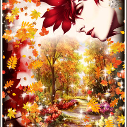 freetoedit redleaves autumnlady scene leaves sparkles ecautumnleaf autumnleaf