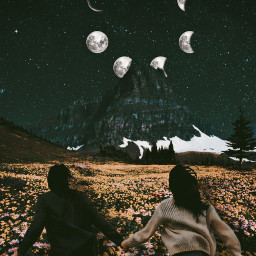 freetoedit couple running moon mountain stars sky space love retro