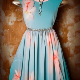 freetoedit chiffon dress vintage flowers feminine teal peach necklace retro fashion