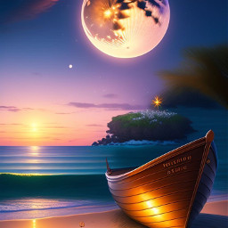 freetoedit wallpaper background backdrop nature boat moon fullmoon glowing sunset beach sand water ocean view scenery scene lights trees vacation traveling trip imagination illustration fairytale