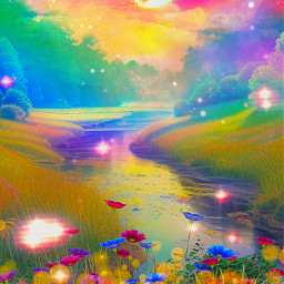 freetoedit glitter sparkles galaxy sky stars moon flowers rainbow nature landscpe holographic colorful river luminous glow shimmer overlay replay