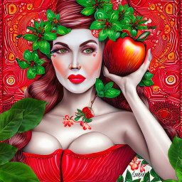freetoedit picsartai picsartaigenerator woman apple red greeneyes pretty lady leaves nature retouchtool