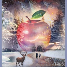 ircanappleaday anappleaday yk1552 road forest winter snow mountains landscape deer moon branch tree man eveningtime freetoedit