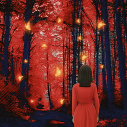 freetoedit woman forest red yellowbutterflies myedit