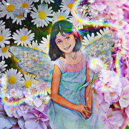 freetoedit nature outdoors flowers floral challenge annielee cute flowerfairy wings fairy fairywings butterfly bluedress girly rainbow brusheffect princess pretty sweet adorable innocent child cartoon daisies ecspringfloralbackgrounds springfloralbackgrounds