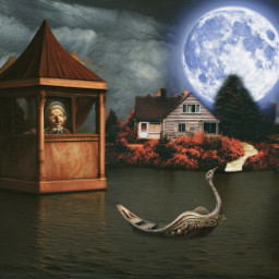 moon moonlight gazbo lake oldwoman boat sidewalk freetoedit