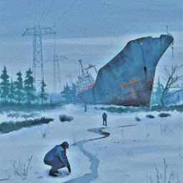 freetoedit madewithpicsart remixit anime animestyle nature trees woods snow winter cold powerlines ship shipwreck pollution environment earthday climatechange