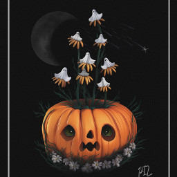 freetoedit pumpkin ghosts jackolantern halloween flowers moon stars sky horrorart orange