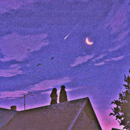 freetoedit madewithpicsart remixit anime animestyle couple love mylove house rooftop trees sky clouds stars starrysky moon comet night purplesky chillwave nostalgia vibing birds