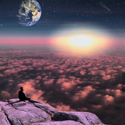 unsplash sunset nightsky surreal earth planet sun galaxy stars shootingstar landscape clouds dreamysky surrealart collage picsartmaster