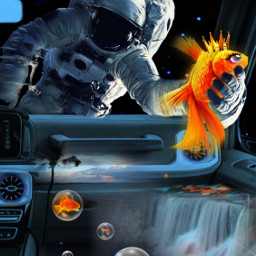srcgoldfishglow goldfishglow goldfishglowchallenge spaceman astronaut goldfish bubbles waterfall krone freetoedit